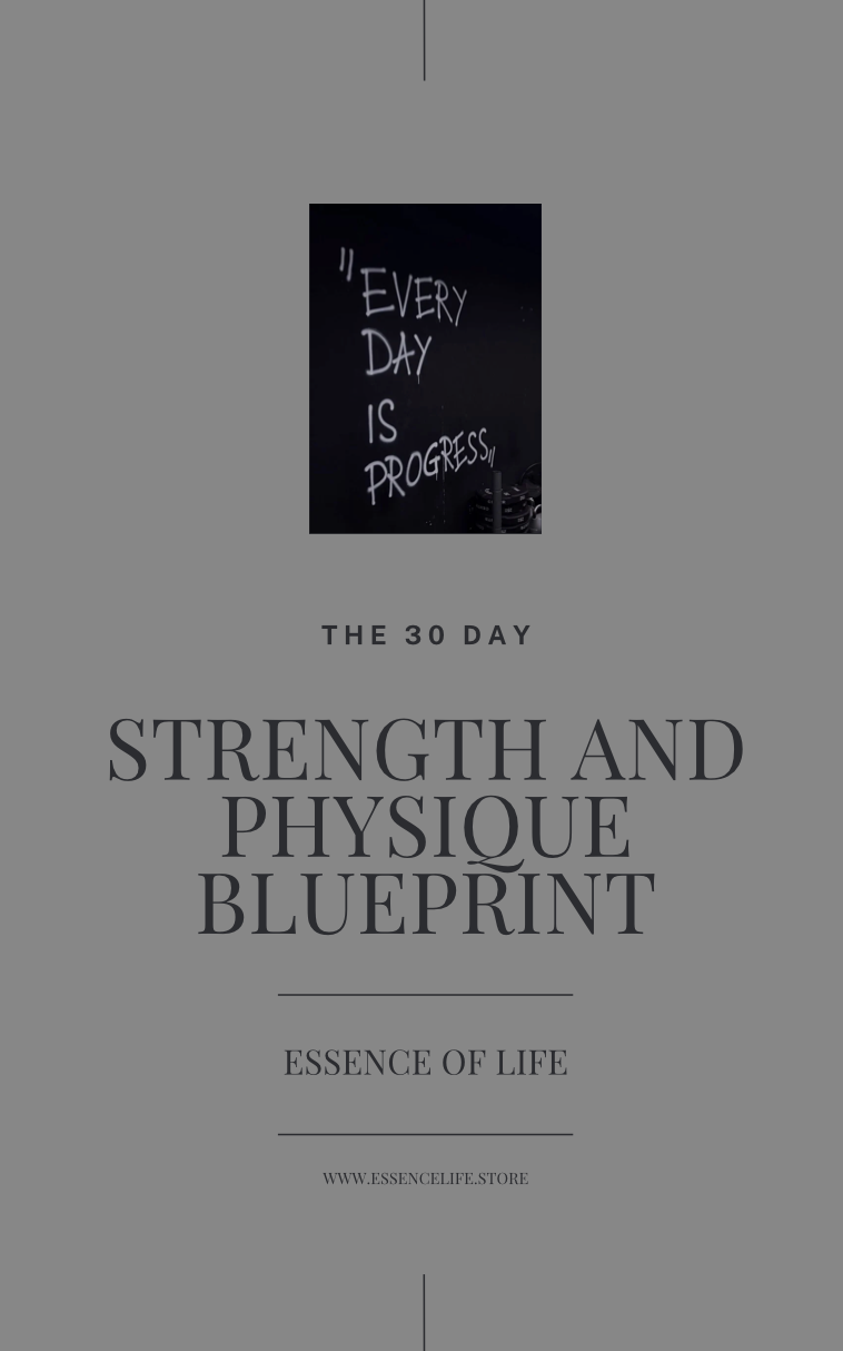 Book cover of 'The 30 Day Strength and Physique Blueprint' with motivational text on a dark background.